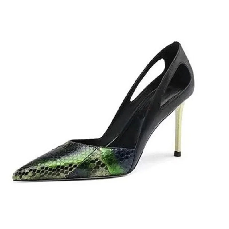 Size 32-45 Commuter Professional Stiletto 8cm Slip-On Snake Print Pointed Toe French Elegant Celebrity Style Large Size