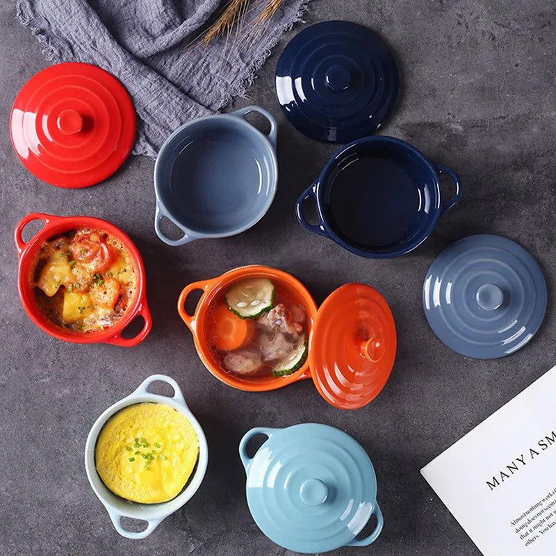 Mini olla de sopa de cerámica con cubierta para niños, tazón de huevo para estofado, tapa, cacerola para restaurante, cocina casera, ollas de cocina usadas
