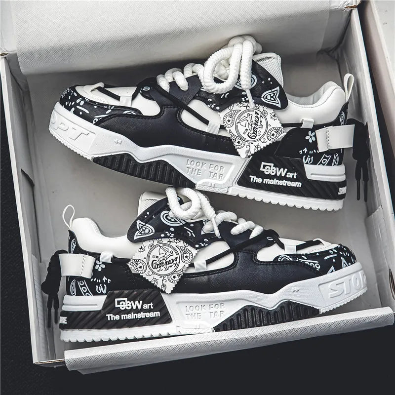 Custom Logo Outdoor Fashion Graffiti Pu Leather Casual Sport Shoes Men's Skate Board Leisure Sneakers for Men Running Sports