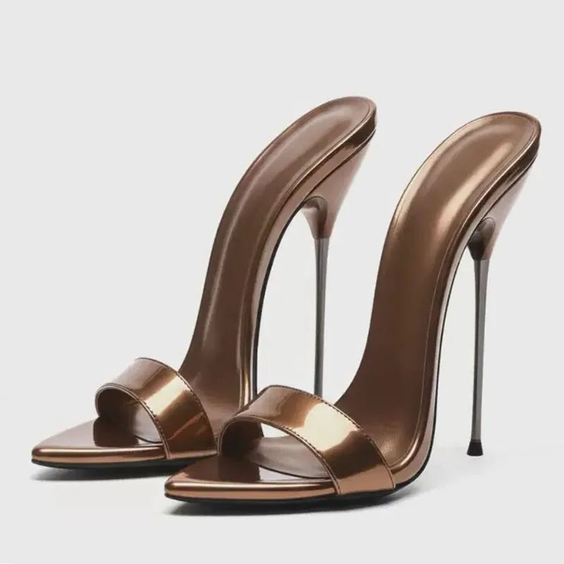 Women Supper High Silver Thin Heels Sandals Summer Big Size 45 Dress Wide Fit Denim Shoes Dress Stiletto Single Band Mules