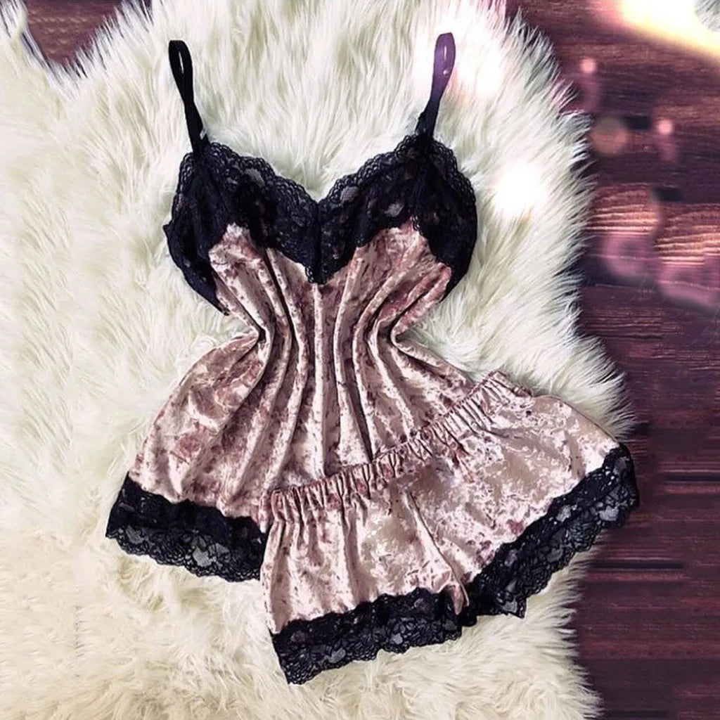 Pijamas de verano para mujer, ropa de dormir con lazo de terciopelo, ropa de dormir sin mangas con tirantes, camisola con adornos de encaje, conjuntos de pijama, lencería Sexy para mujer