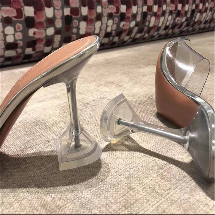Zapatillas de tacón de aguja para mujer, sandalias transparentes con punta abierta, de cristal, 2021