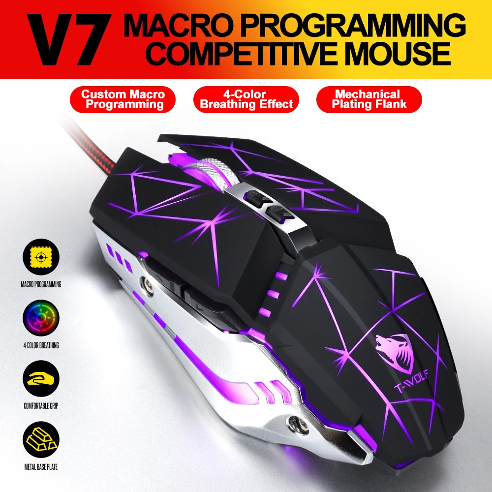 E-sport RGB Wired Mouse LED Optical USB 7D Macro Programming Mechanical Gaming Mouse 6400DPI Mouse for Computer