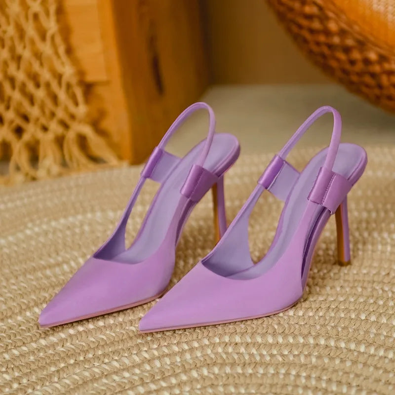 Pointed Toe Stiletto Women's Shoes Spring and Summer New Satin Blue Back Strap Elegant Women's Sandals  Dropshipping
