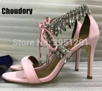 Sandalias de gladiador ostentosas para mujer, zapatos de tacón alto con tiras de ante, con cordones y diamantes de imitación, para verano