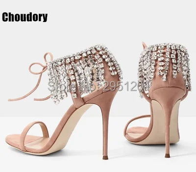 Sandalias de gladiador ostentosas para mujer, zapatos de tacón alto con tiras de ante, con cordones y diamantes de imitación, para verano