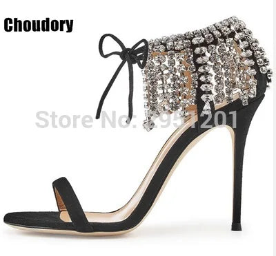 Sandalias de gladiador ostentosas para mujer, zapatos de tacón alto con tiras de ante, con cordones y diamantes de imitación, para verano