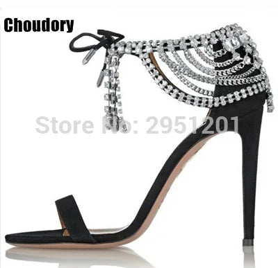 Sandalias de gladiador ostentosas para mujer, zapatos de tacón alto con tiras de ante, con cordones y diamantes de imitación, para verano