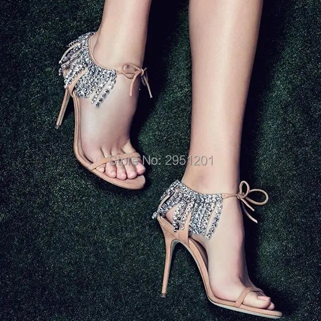 Sandalias de gladiador ostentosas para mujer, zapatos de tacón alto con tiras de ante, con cordones y diamantes de imitación, para verano