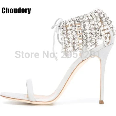 Sandalias de gladiador ostentosas para mujer, zapatos de tacón alto con tiras de ante, con cordones y diamantes de imitación, para verano