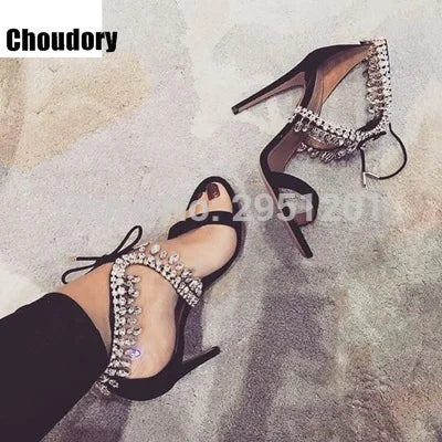 Sandalias de gladiador ostentosas para mujer, zapatos de tacón alto con tiras de ante, con cordones y diamantes de imitación, para verano