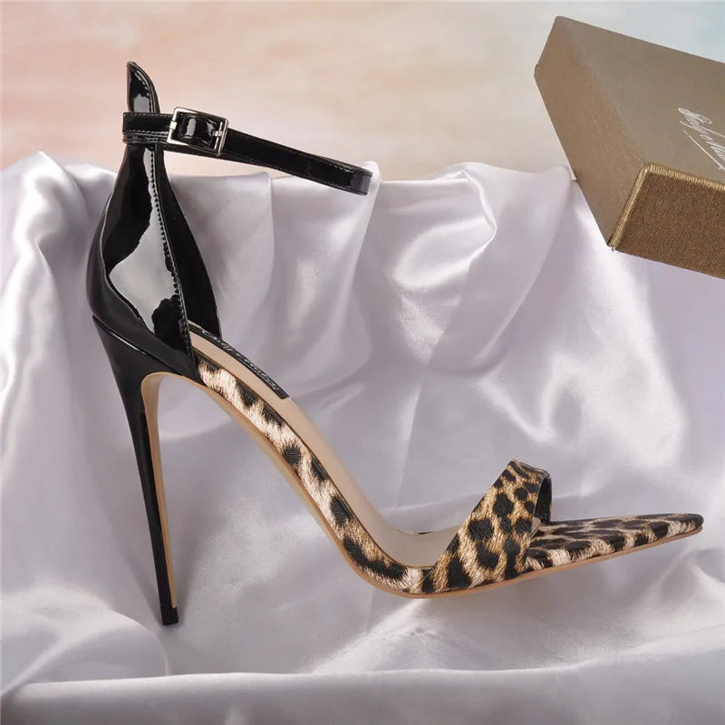 Onlymaker Women Peep Toe 12cm Ankle Strap Pointy  Leopard Sandals Stilettos  Party Thin Heels Summer Sandals