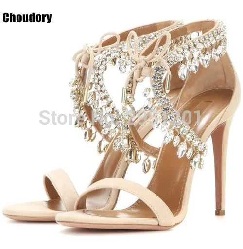 Sandalias de gladiador ostentosas para mujer, zapatos de tacón alto con tiras de ante, con cordones y diamantes de imitación, para verano