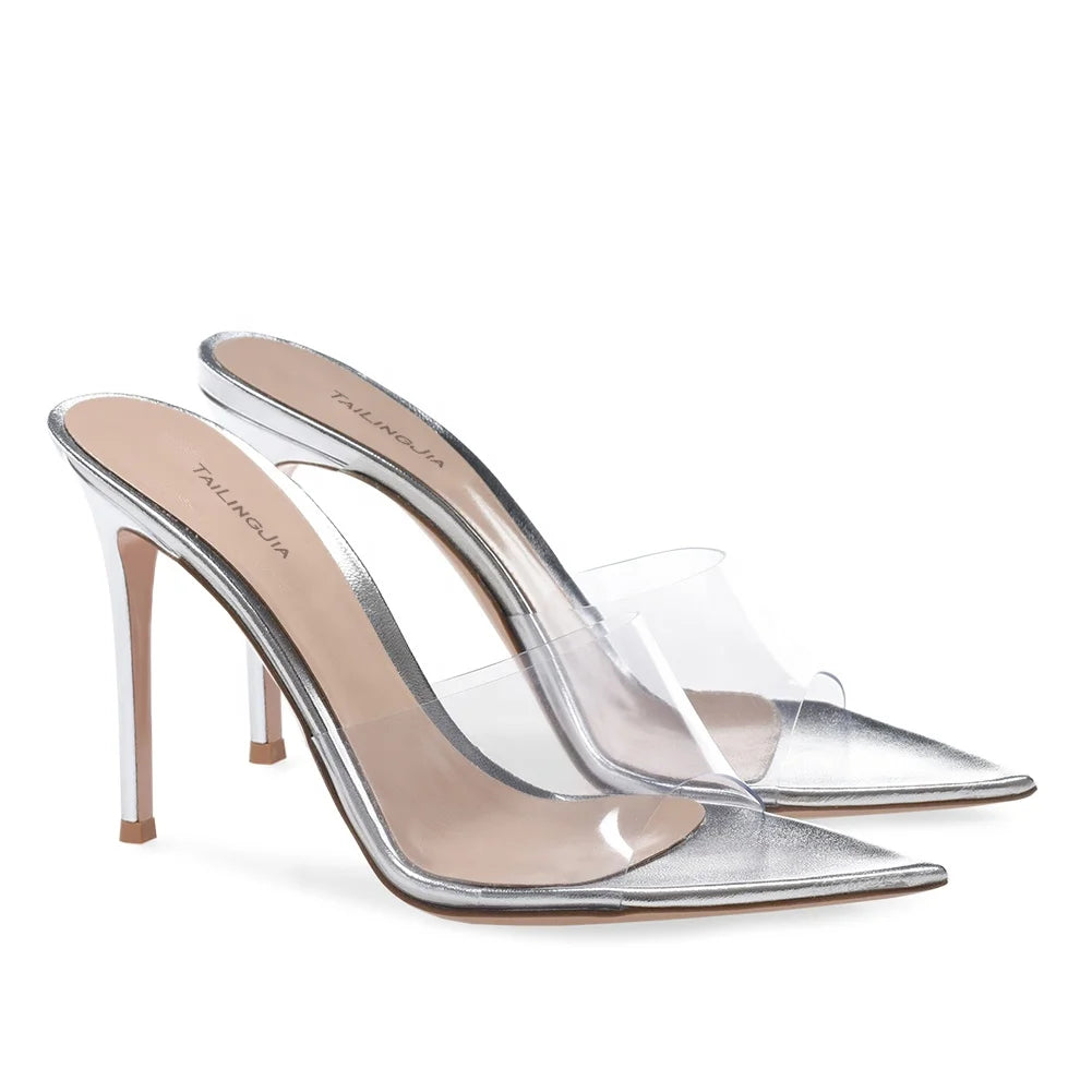 2022 Plus Size Open Pointed Toe Transparent Shoes High Heel Mules Women Heeled Sandals Ladies Clear Heels
