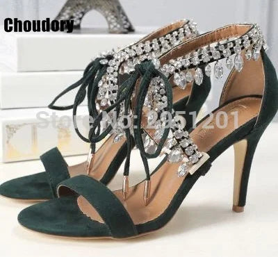 Sandalias de gladiador ostentosas para mujer, zapatos de tacón alto con tiras de ante, con cordones y diamantes de imitación, para verano
