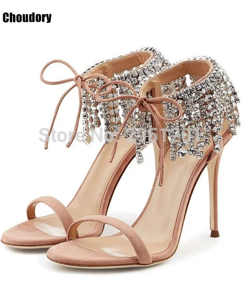 Sandalias de gladiador ostentosas para mujer, zapatos de tacón alto con tiras de ante, con cordones y diamantes de imitación, para verano
