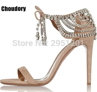 Sandalias de gladiador ostentosas para mujer, zapatos de tacón alto con tiras de ante, con cordones y diamantes de imitación, para verano