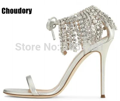 Sandalias de gladiador ostentosas para mujer, zapatos de tacón alto con tiras de ante, con cordones y diamantes de imitación, para verano