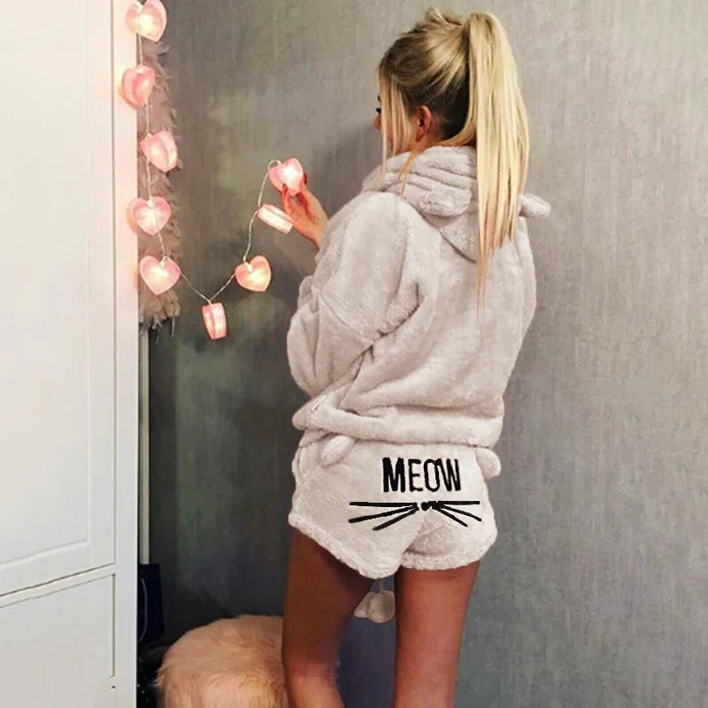 Pijamas de lana para Mujer, conjunto de Pijamas cálidos para otoño e invierno, lencería Sexy para Mujer, Pijama de gato, ropa de dormir para Mujer, ropa de casa