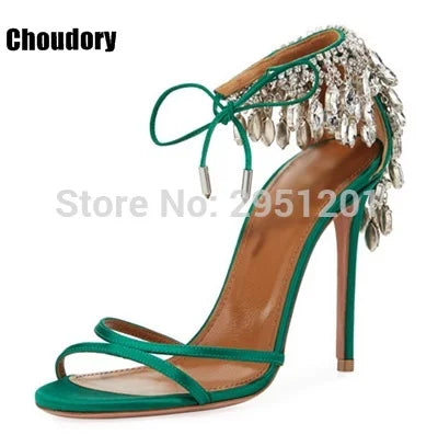 Sandalias de gladiador ostentosas para mujer, zapatos de tacón alto con tiras de ante, con cordones y diamantes de imitación, para verano