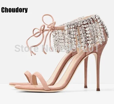 Sandalias de gladiador ostentosas para mujer, zapatos de tacón alto con tiras de ante, con cordones y diamantes de imitación, para verano