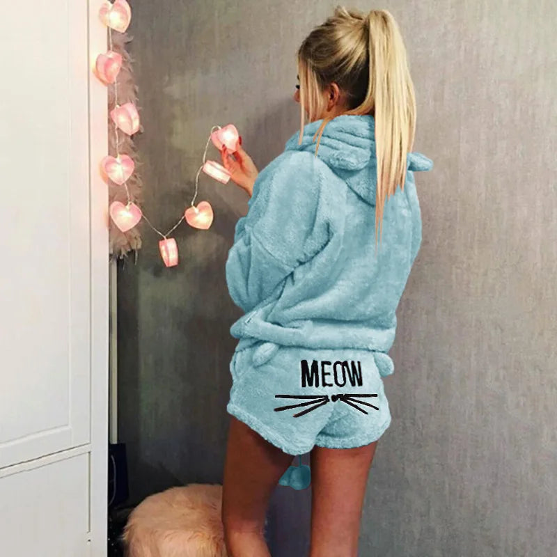 Pijamas de lana para Mujer, conjunto de Pijamas cálidos para otoño e invierno, lencería Sexy para Mujer, Pijama de gato, ropa de dormir para Mujer, ropa de casa