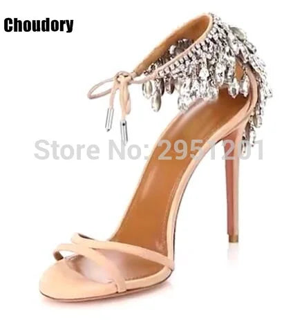 Sandalias de gladiador ostentosas para mujer, zapatos de tacón alto con tiras de ante, con cordones y diamantes de imitación, para verano