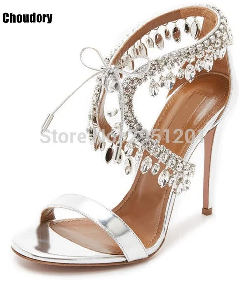 Sandalias de gladiador ostentosas para mujer, zapatos de tacón alto con tiras de ante, con cordones y diamantes de imitación, para verano