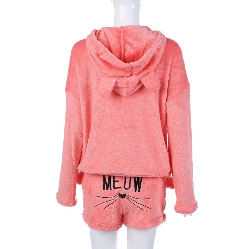 Pijamas de lana para Mujer, conjunto de Pijamas cálidos para otoño e invierno, lencería Sexy para Mujer, Pijama de gato, ropa de dormir para Mujer, ropa de casa