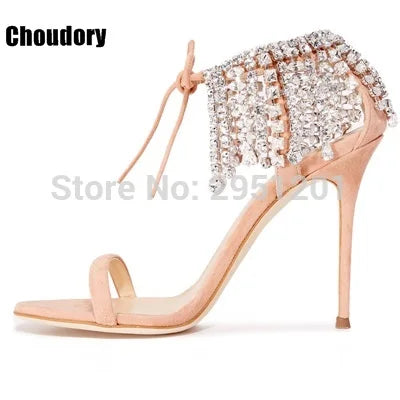 Sandalias de gladiador ostentosas para mujer, zapatos de tacón alto con tiras de ante, con cordones y diamantes de imitación, para verano