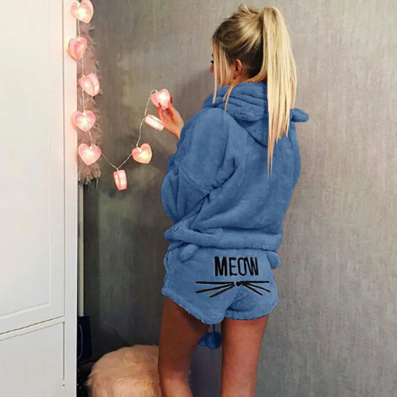 Pijamas de lana para Mujer, conjunto de Pijamas cálidos para otoño e invierno, lencería Sexy para Mujer, Pijama de gato, ropa de dormir para Mujer, ropa de casa