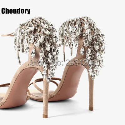 Sandalias de gladiador ostentosas para mujer, zapatos de tacón alto con tiras de ante, con cordones y diamantes de imitación, para verano