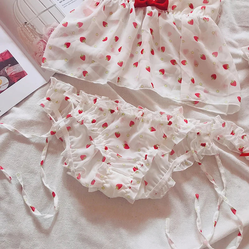 Conjunto de pijamas para mujer, lencería Sexy con corte de encaje, ropa de dormir de noche sin mangas para mujer, pijamas con estampado de fresa para mujer