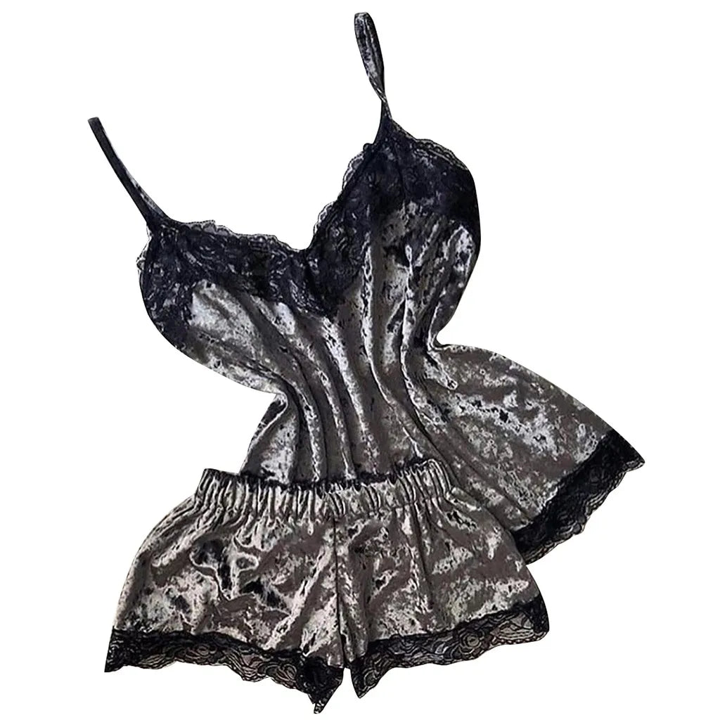 Pijamas de verano para mujer, ropa de dormir con lazo de terciopelo, ropa de dormir sin mangas con tirantes, camisola con adornos de encaje, conjuntos de pijama, lencería Sexy para mujer