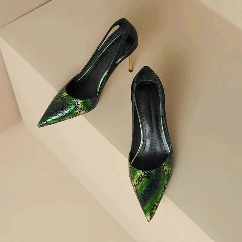Size 32-45 Commuter Professional Stiletto 8cm Slip-On Snake Print Pointed Toe French Elegant Celebrity Style Large Size