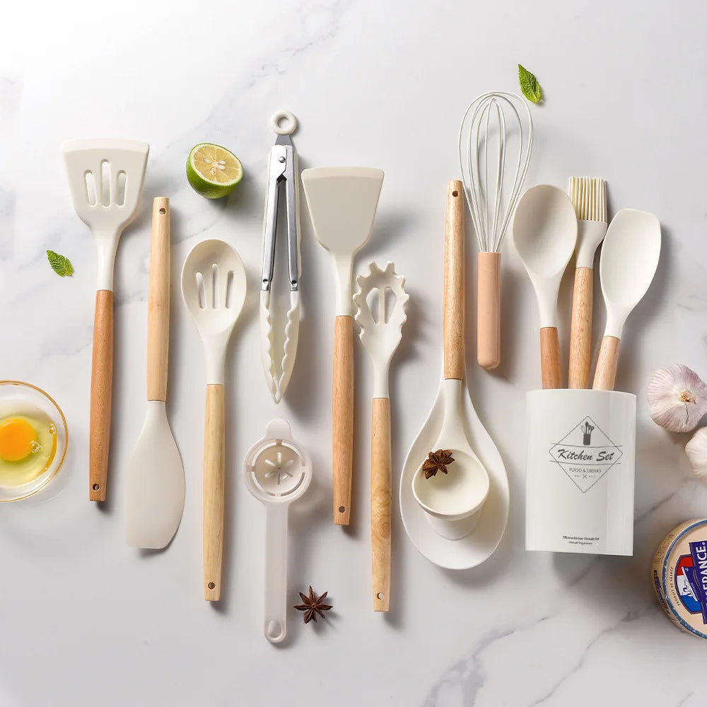 Kitchen Cooking Tool Kitchenware 12pcs Cooking Wood Utensils Kitchen Utensils Set Silicone Kitchen Utensils Set