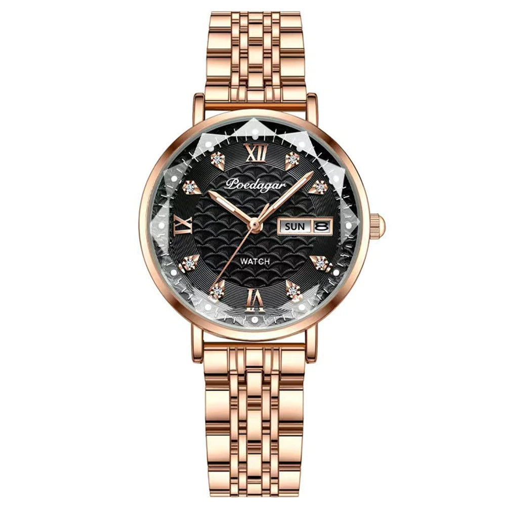 Reloj POEDAGAR para mujer, nueva moda, reloj de pulsera de acero inoxidable de lujo, pulsera Simple de oro rosa, relojes luminosos impermeables para mujer