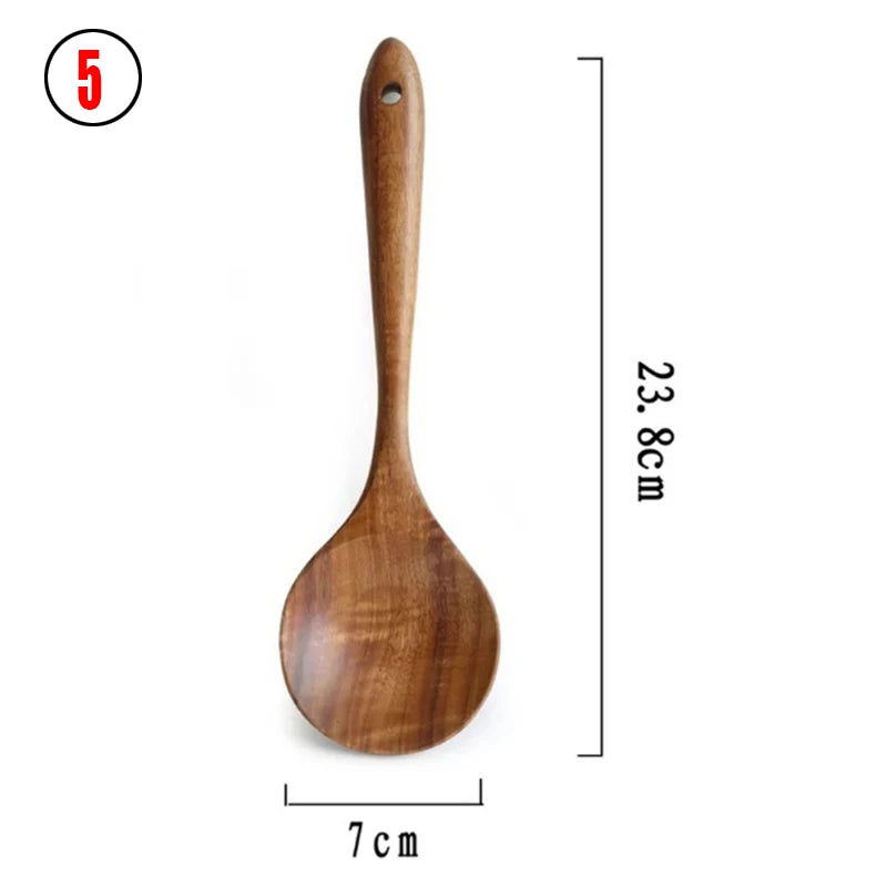 Vajilla de madera Natural de teca tailandesa, cuchara, cucharón, colador de arroz largo, espumadera de sopa, cucharas de cocina, juego de herramientas de cocina