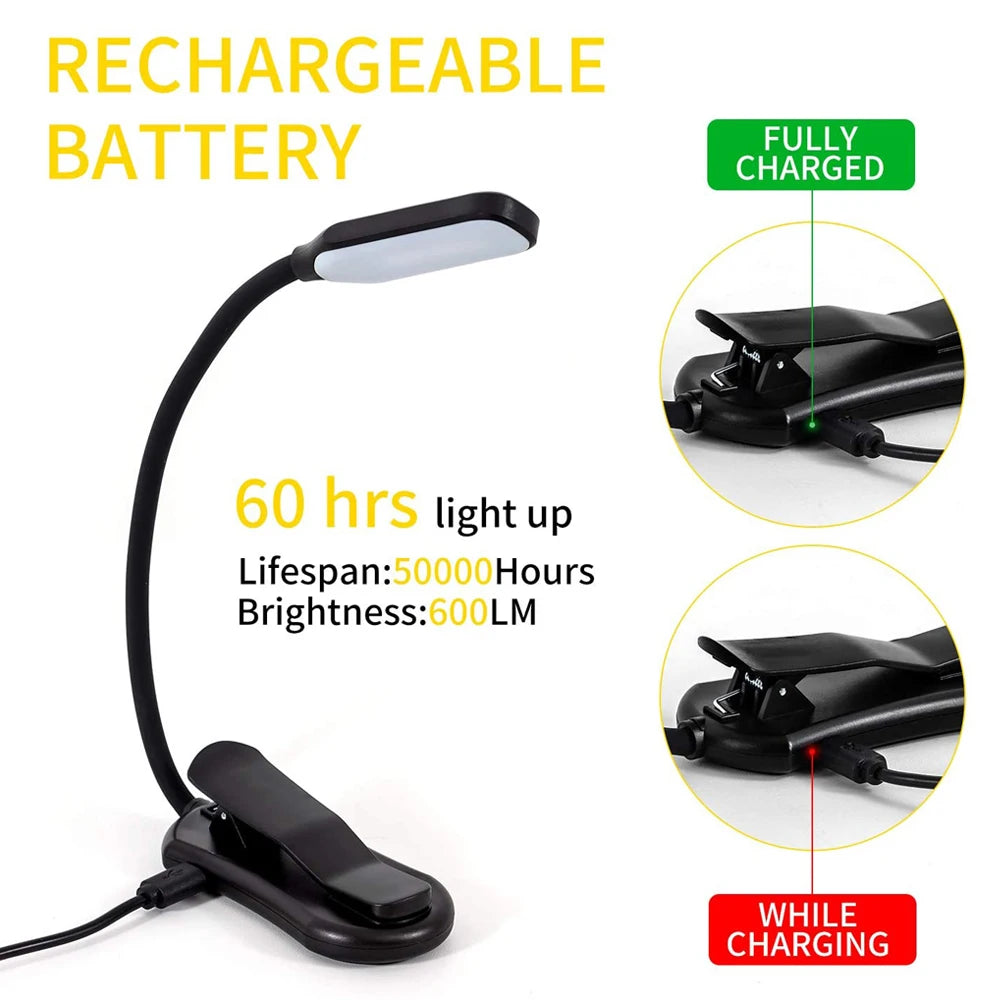 Lámpara de luz de lectura de libros recargable, luz de libro LED para leer en la cama, brillo ajustable para el cuidado de los ojos, 3 temperaturas de color