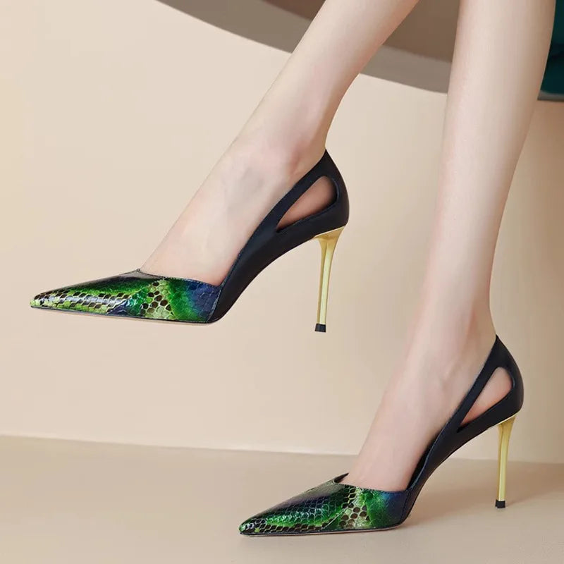 Size 32-45 Commuter Professional Stiletto 8cm Slip-On Snake Print Pointed Toe French Elegant Celebrity Style Large Size