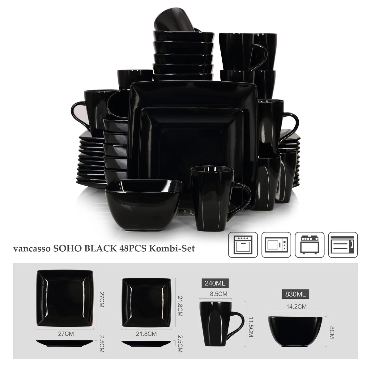 Vancasso SOHO-vajilla cuadrada de cerámica negra, 16/32/48 piezas, plato de cena, plato de postre, tazón, juego de tazas de 240ml
