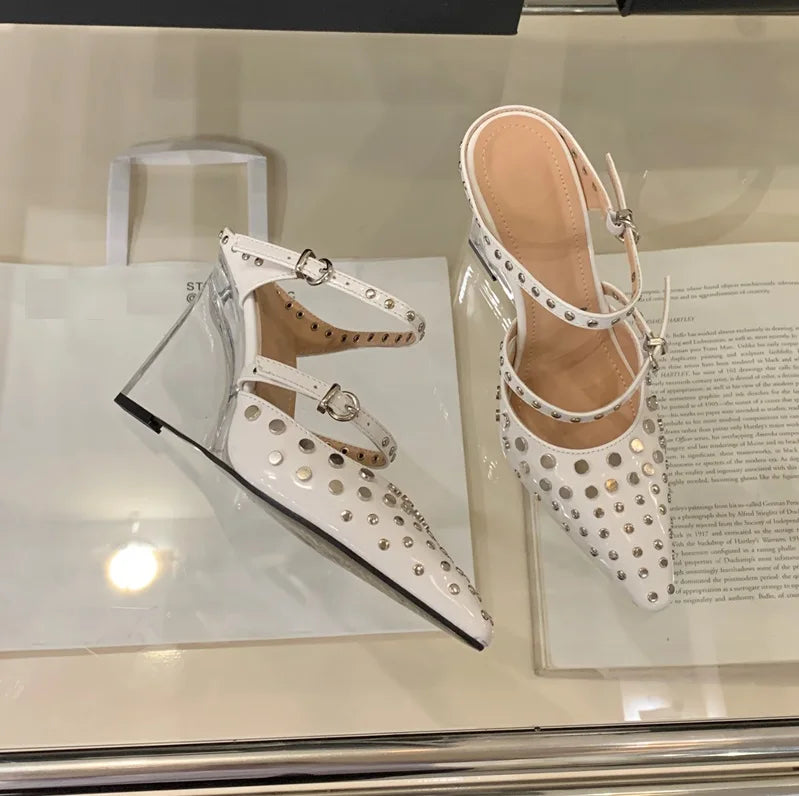 Ladies' Summer 2025 New Transparent Wedge Heel Sandals Pointed Rivets Party Fashion Show Heels