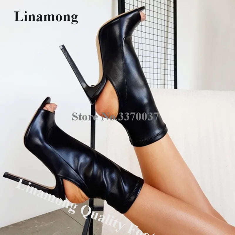Linamong, moda para mujer, botas de gladiador cortas con tacón de aguja y punta abierta, botines ajustados de cuero negro mate, zapatos de talla grande