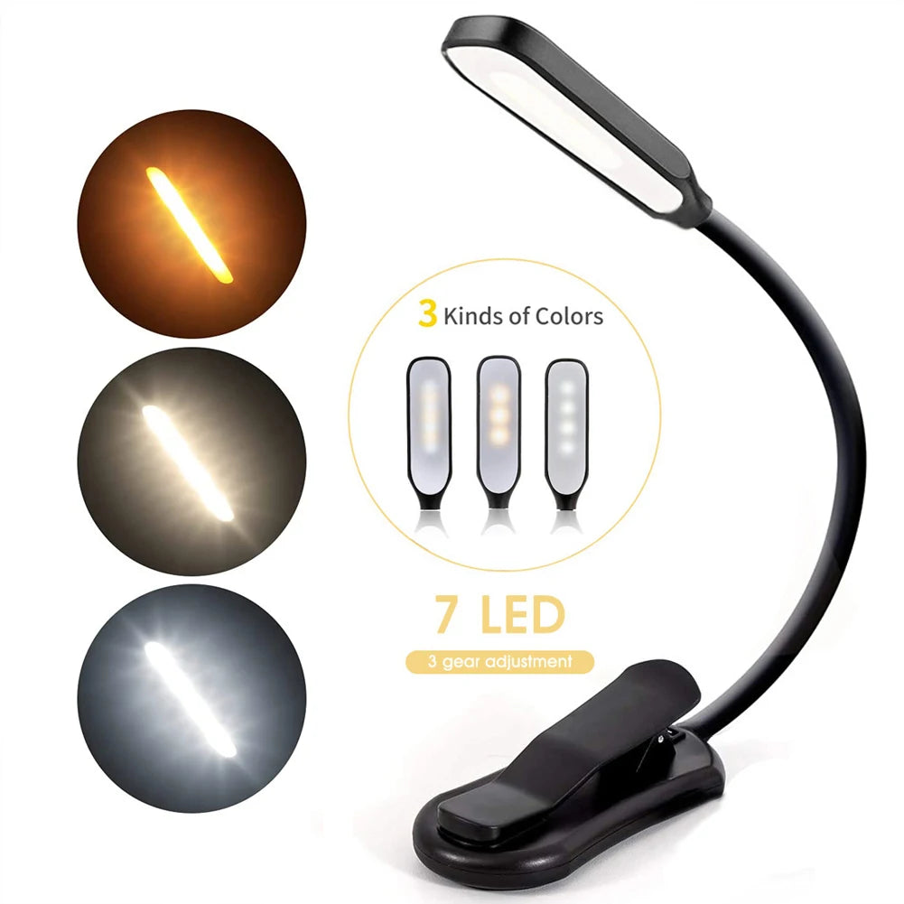 Lámpara de luz de lectura de libros recargable, luz de libro LED para leer en la cama, brillo ajustable para el cuidado de los ojos, 3 temperaturas de color