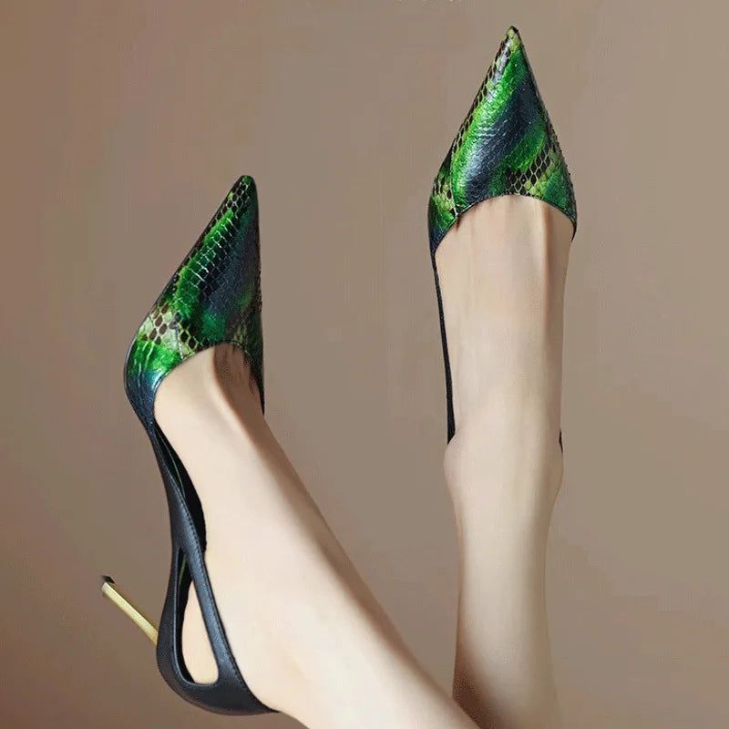Size 32-45 Commuter Professional Stiletto 8cm Slip-On Snake Print Pointed Toe French Elegant Celebrity Style Large Size