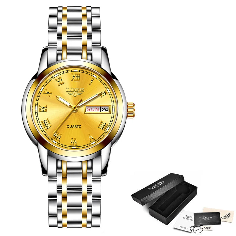 LIGE 2025 reloj de oro nuevo para mujer, relojes creativos de acero para mujer, relojes de pulsera para mujer, reloj impermeable para mujer, reloj femenino