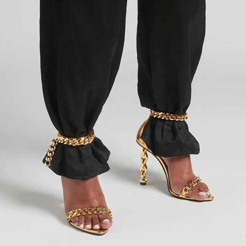 Custom Metal Heels Sandals Women Dress Stiletto Party Ankle Buckle Office Lady Shoes Open Square Toe High Slim Gold Heels