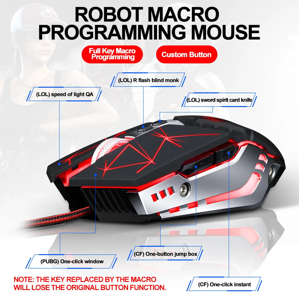E-sport RGB Wired Mouse LED Optical USB 7D Macro Programming Mechanical Gaming Mouse 6400DPI Mouse for Computer