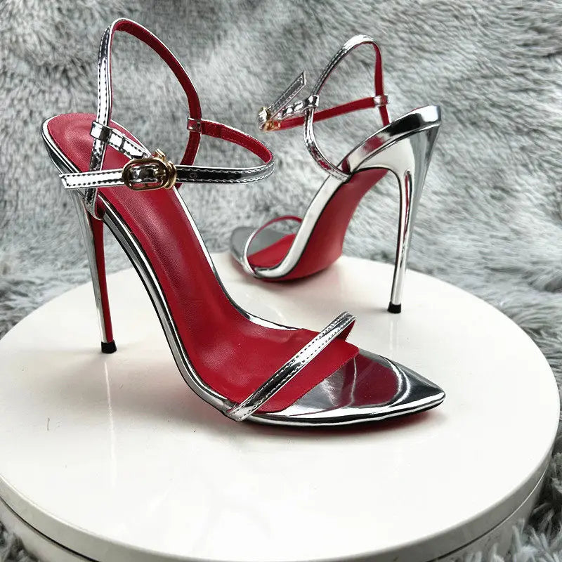 Red Bottom Patent Leather Classic Retro Strap Sandals Women's Summer New 12cm Thin-heeled Stiletto Heel Fairy Roman Elegant