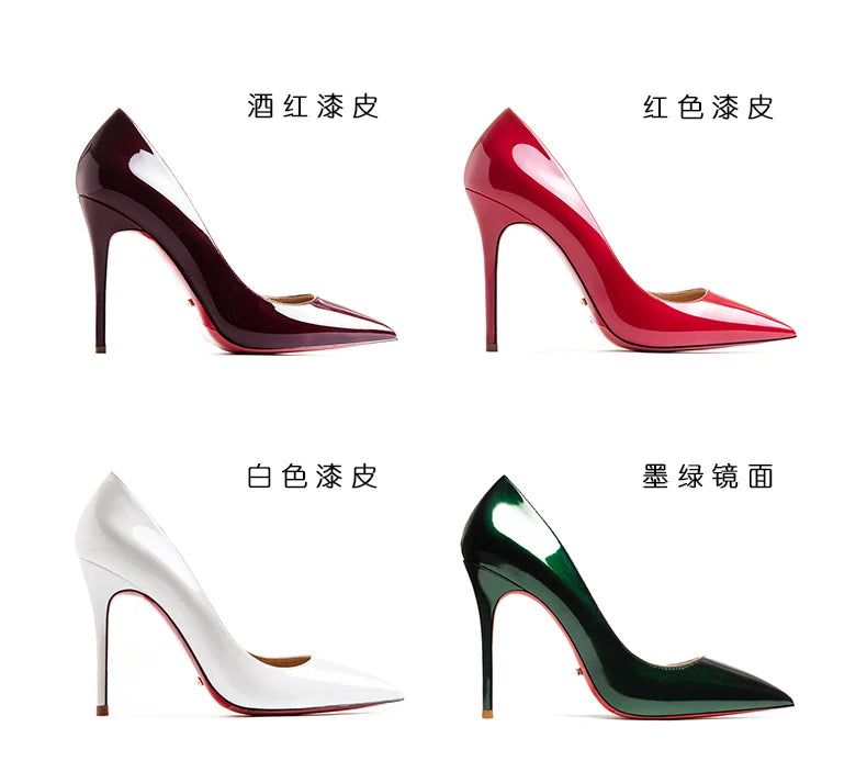HLTINO, tacones altos de fondo rojo de 12cm, zapatos de lujo de cuero genuino, tacones de aguja súper altos para mujer con zapatos de tacón de primavera para mujer
